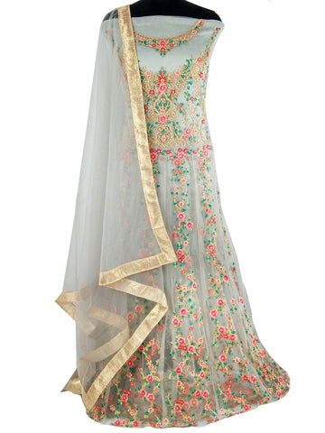 Gorgeous Grey, Net n Satin Embroidered Anarkali Ethnic Salwar Suit / Gown ( Semi-Stitched)