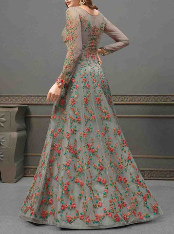Gorgeous Grey, Net n Satin Embroidered Anarkali Ethnic Salwar Suit / Gown ( Semi-Stitched)