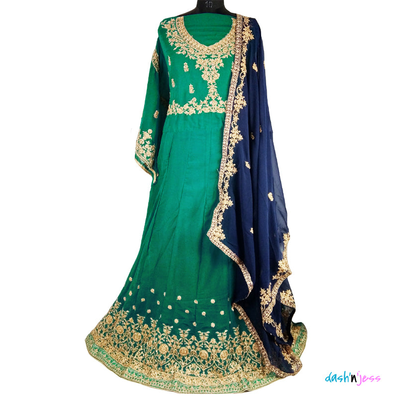Peacock Green, Georgette Embroidered Ethnic Anarkali  Gown ( Semi-Stitched)