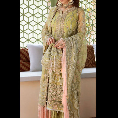Pistachio Green and Pink, Georgette , Embroidered Salwar Suit (Semi-Stitched)