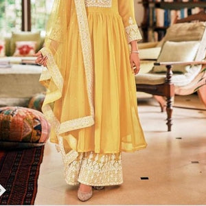 Yellow and White Georgette Palazzo Salwar Suit (Semi-Stitched) DNJ-WAP-37