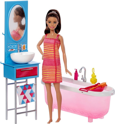 Combo Value Pack - Barbie Doll & Bathroom Playset DVX53 , Dress Fashion Top With Straps CFX73-CFX75  and  Striped Print Skirt CFX73-CFX86