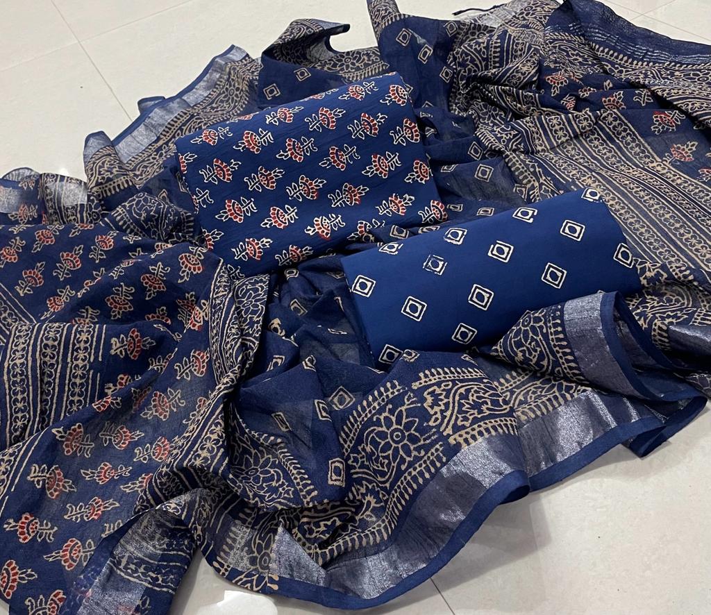 Floral Design Block Printed Cotton Linen Ethnic Salwar Suit (Un Stitched) KNJ-WAP-3
