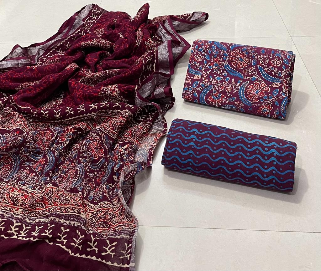 Floral Design Block Printed Cotton Linen Ethnic Salwar Suit (Un Stitched) KNJ-WAP-17