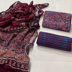 Floral Design Block Printed Cotton Linen Ethnic Salwar Suit (Un Stitched) KNJ-WAP-17
